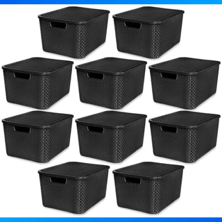 Kit Com 10 Cesto Caixa Organizadora Rattan Com Tampa 7 Litros Preto - PREÇO BAIXO em Oferta na Shopee