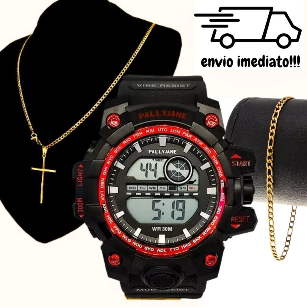 Kit Relógio Digital Esportivo Masculino + Corrente Cruz e Pulseira Aço Inoxidavel