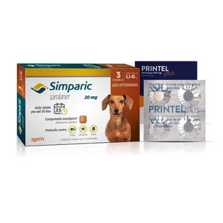 Kit Simparic Cães de 5,1 a 10kg 3 Comprimidos + Vermífugo Printel Plus 4 Comprimidos em Oferta na Shopee