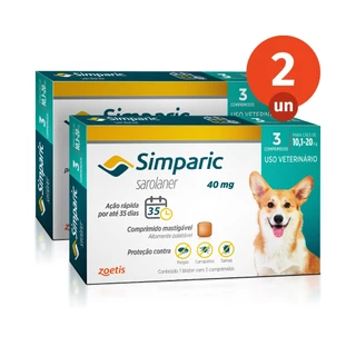 Kit 2 Simparic Antipulgas e Carrapatos para Cães de 10,1 a 20kg 3 Comprimidos 40mg Zoetis em Oferta na Shopee