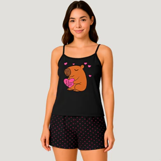 Conjunto de Verão Capivara Baby Doll Elegante Alcinha Estampado Pijama Sensual em Oferta na Shopee
