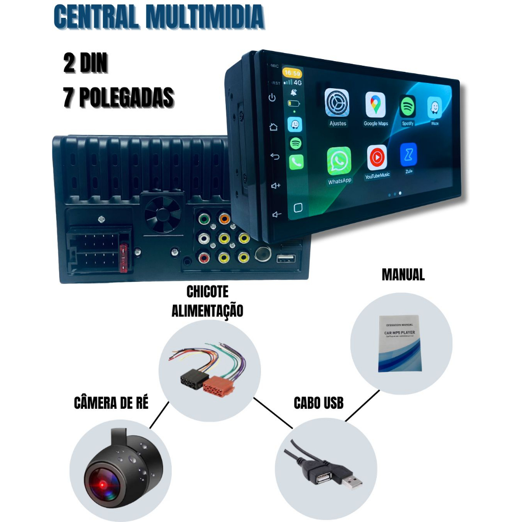 Central Multimida CarPlay Android Auto Sem Fio Com Câmera De Ré ...