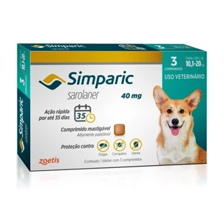 Simparic Antipulgas e Carrapatos para Cães de 10,1 a 20kg 3 Comprimidos 40mg Zoetis em Oferta na Shopee
