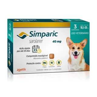 Simparic Antipulgas e Carrapatos para Cães de 10,1 a 20kg 3 Comprimidos 40mg Zoetis em Oferta na Shopee