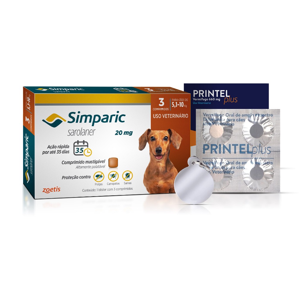 Kit Simparic Cães de 5,1 a 10kg 3 Comprimidos + Vermífugo Printel Plus ...