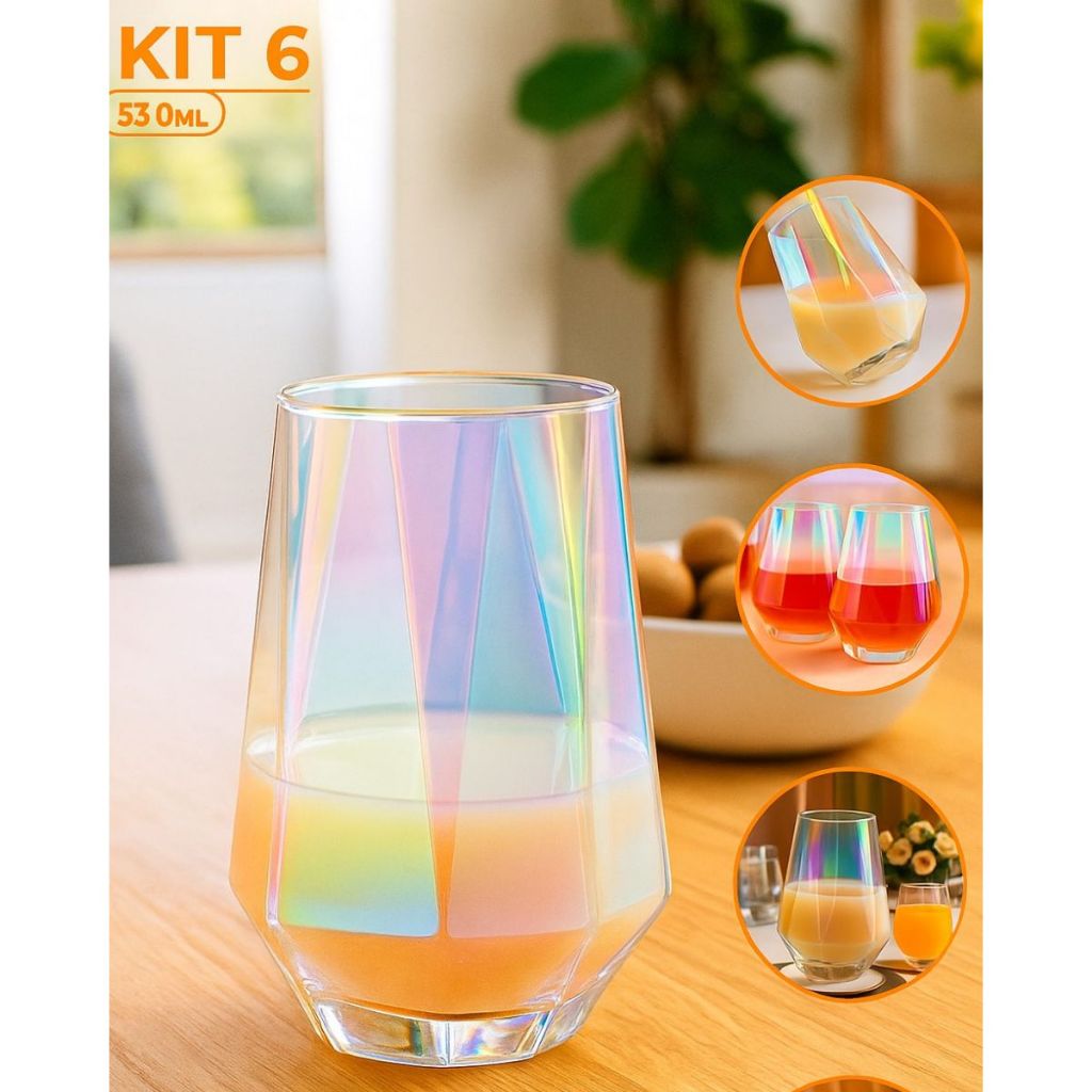 Jogo 06 Copos Diamond Furtacor De Vidro 530ML Para Drinks Agua Suco Refrigerante Possui Variaçoes