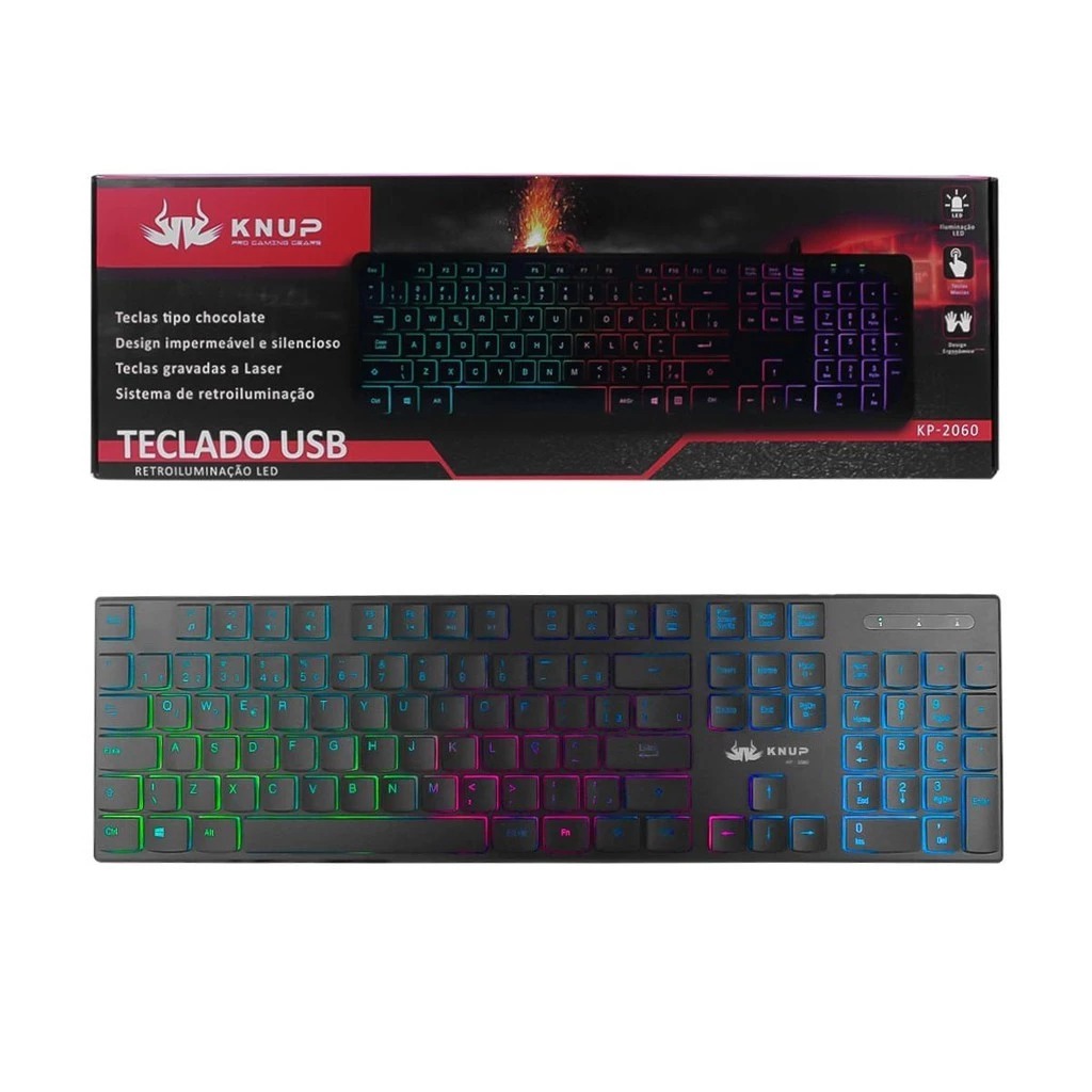 Teclado Ergonômico Silencioso Retroiluminação Led RGB USB KP-2060