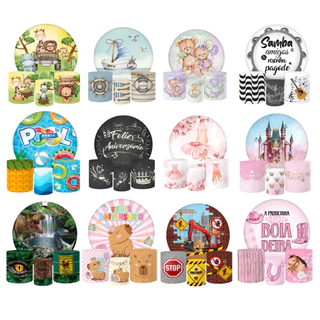 Kit Mini Redondo 50x50cm e Capas para Lata em Tecido Festa em Casa Mesversário