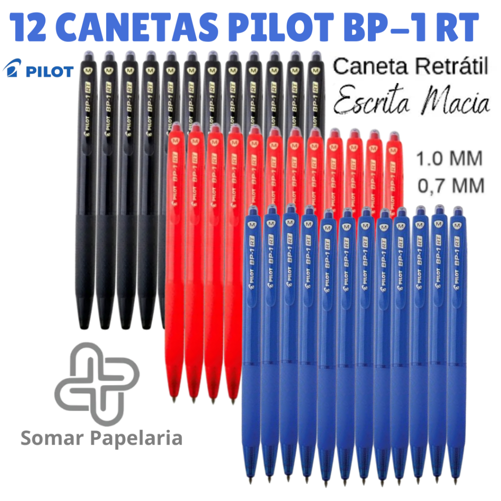 Caneta Retrátil Emborrachada PILOT BP-1 RT 1.0mm ou 0.7mm 12 uni