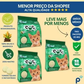 Areia Higiênica Biodegradável Catbio 12 Kg (3 pacotes 4kg) - Super Clean - Grãos Médios - novo em Oferta na Shopee