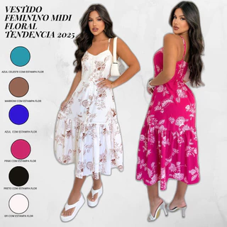 Vestido Midi Floral Alça Fina Verão Casual Elegante 2025