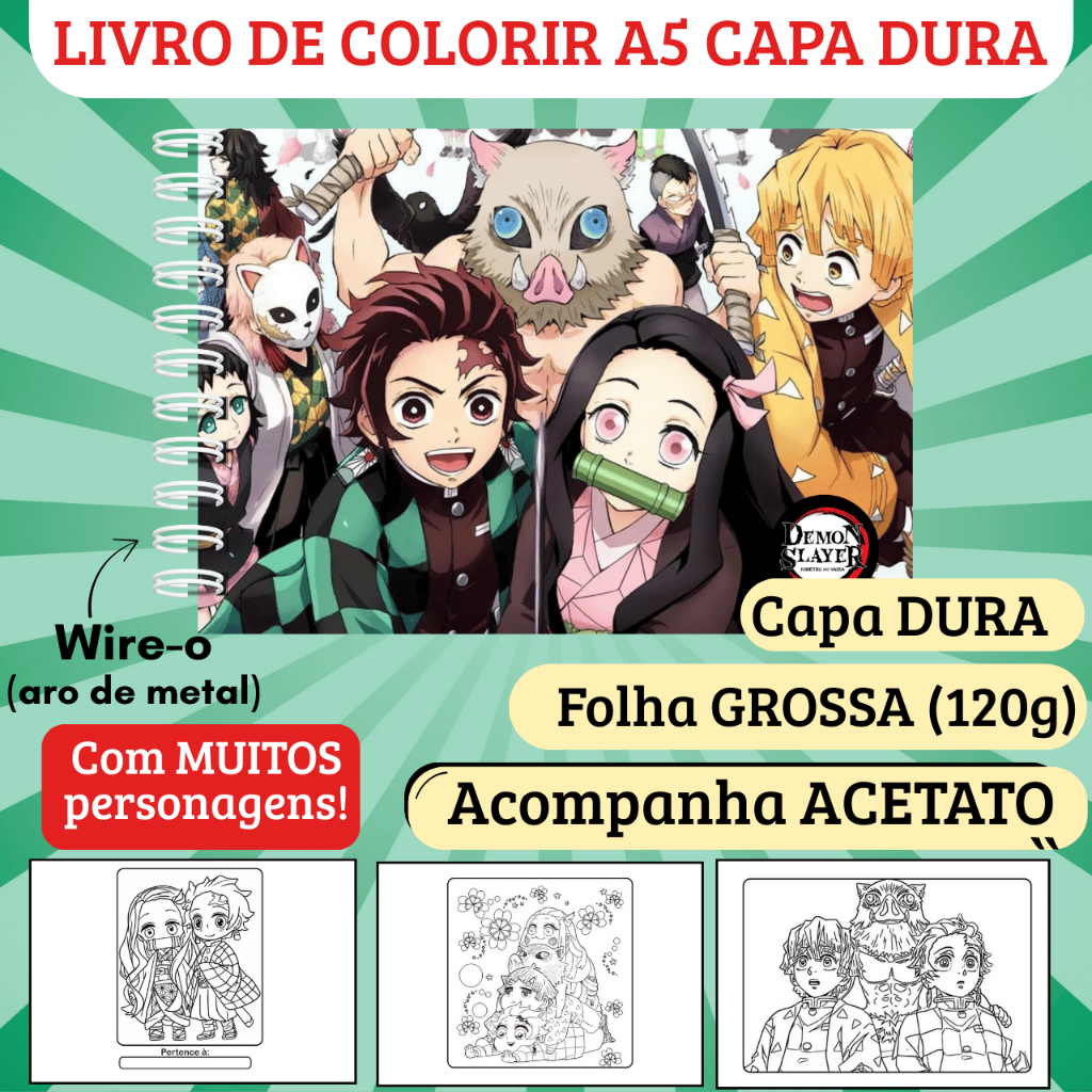 Livro de Colorir Demon Slayer (Capa Dura, Folha Grossa 120g, Acetato ...
