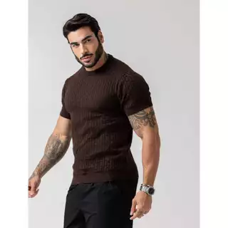 camiseta masculina de tricot com manga curta gola redonda padrão verão chique