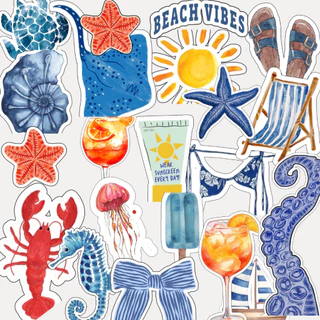 Adesivos Stickers - Estilo Praia – Kit com 21 Unidades | Beach Vibes, Verão, Summer, Mar, Viagem, Decoração Criativa