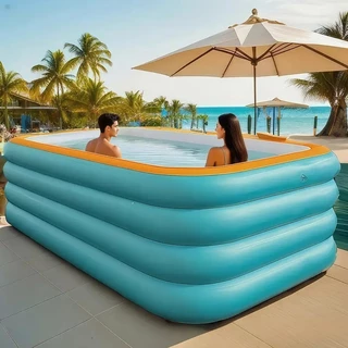 Grande capacidade! Piscina inflável azul de PVC, prática e dobrável, adequada para uso interno e externo.