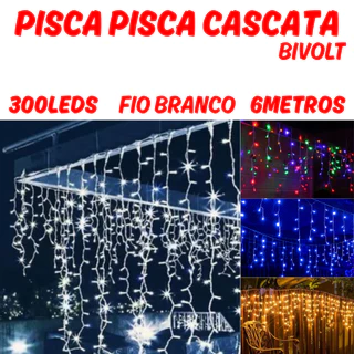 Cascata 300 Leds 6M Pisca Pisca 8 Funções Bivolt Natalino Fio Branco Para Uso Interno Externo