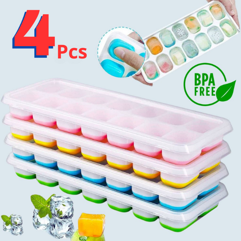 Kit 4 Formas de Gelo Silicone Com Tampa Rígida Flexível Fundo Retangular 14 Cubos Multiuso Lavável