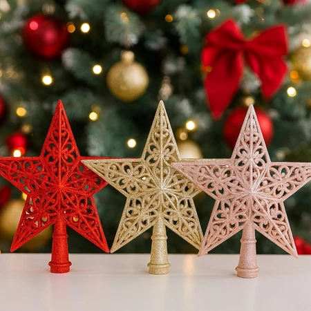 Ponteira de estrela vazada com glitter 20cm