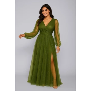 Vestido Longo Casamento Tule Brilho Com Manga E Fenda