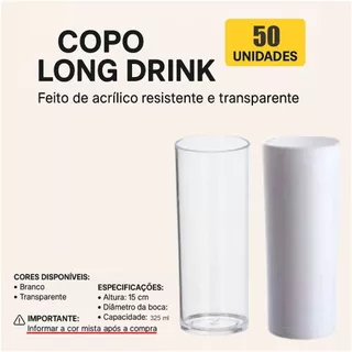 50 Copos Long Drink Acrílico 325 ml Para Transfer , Resistente, Para Festa