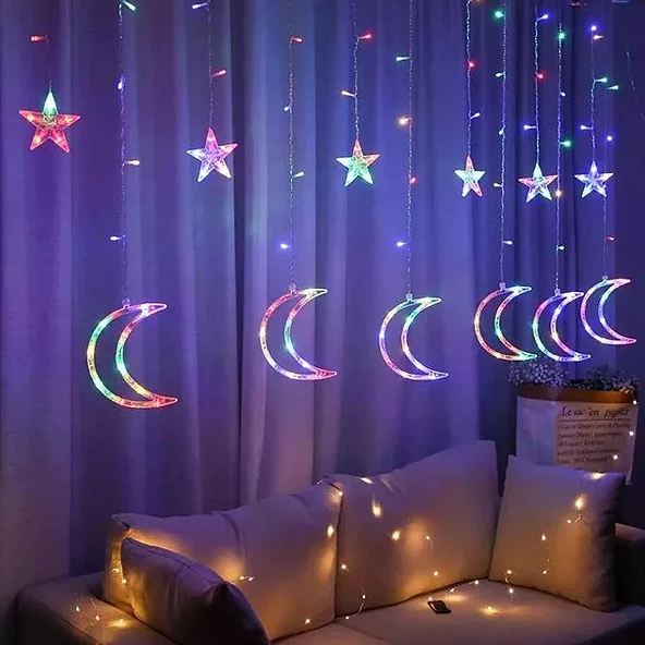 Imagem do produto Cascata Led Pisca Pisca Cortina Luz RGB Amarela Decoração Natal Estrela Lua Papai Noel Neve Sacada 3