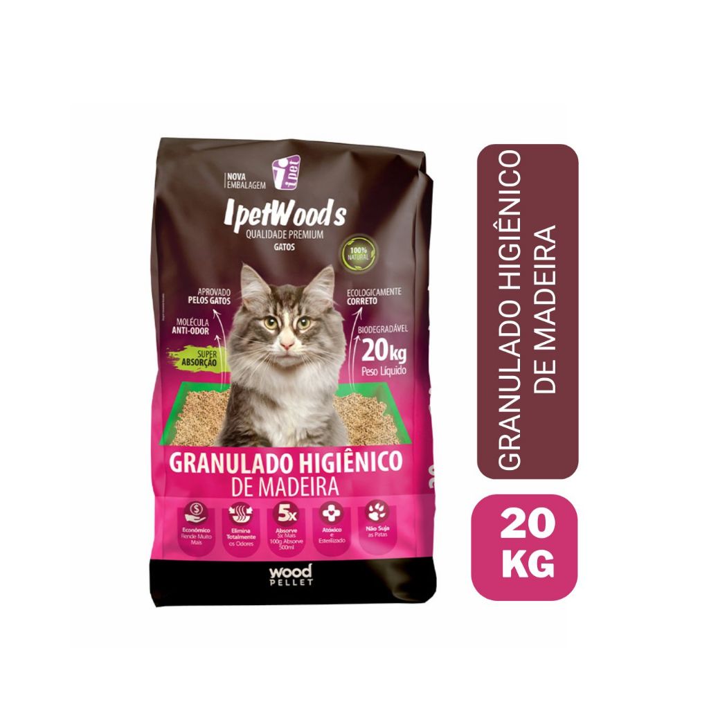 Granulado Higiênico De Madeira para Gatos Ipet Woods 20kg
