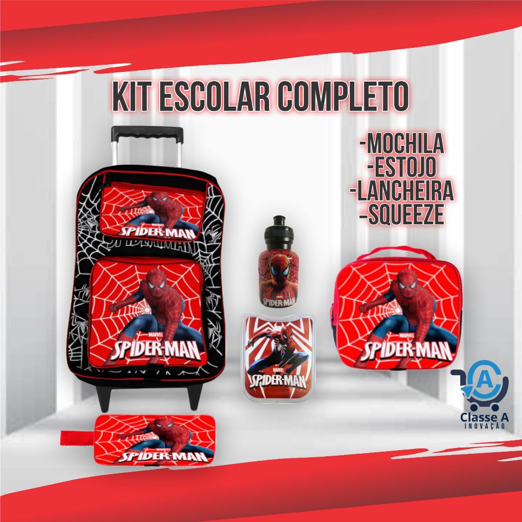 Kit Escolar Completo Mochila Rodinha Costas Lancheira Térmica Estojo Masculino Personagem Homem Aranha
