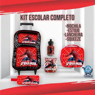 Kit Escolar Completo Mochila Rodinha Costas Lancheira Térmica Estojo Masculino Personagem Homem Aranha