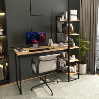 Mesa Escrivaninha Industrial com Prateleira Integrada Preta com Madeirado Design Moderno Ferro e Madeira Mod: Athenas