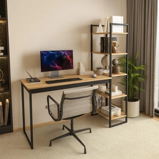 Escrivaninha Mesa Escritório Home Office Lâmina com Preto com 5 Prateleiras Estante Integrada Industrial Mod: Atenas Sho em Oferta na Shopee