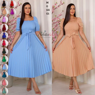 Vestido Liso Plissado Feminino Manga Bufante Com Elástex