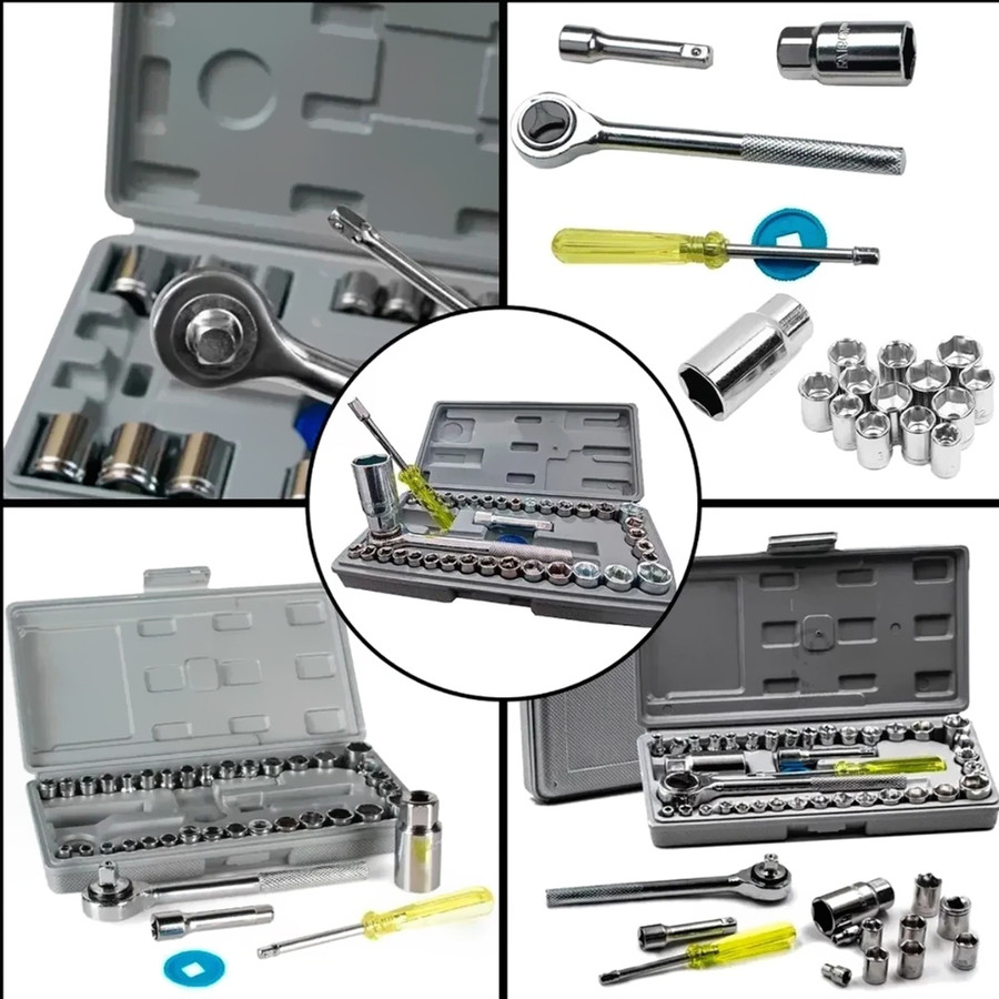 Kit Ferramentas 10/40/46 Peças Aço Cromo Vanádio c/ Chave Catraca, Estojo ABS, p/ Carro e Casa
