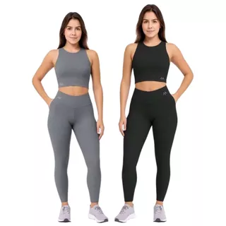 Kit 2 Conjunto Blackout Legging e Cropped Moda Fitness