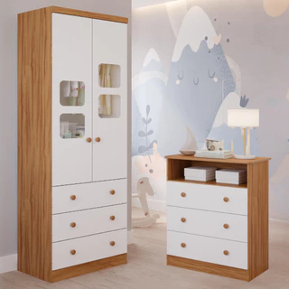Quarto Bebe Completo Guarda Roupas Uli 2 Portas Gaveteiro 3 Gavetas Smim 100% MDF em Oferta na Shopee