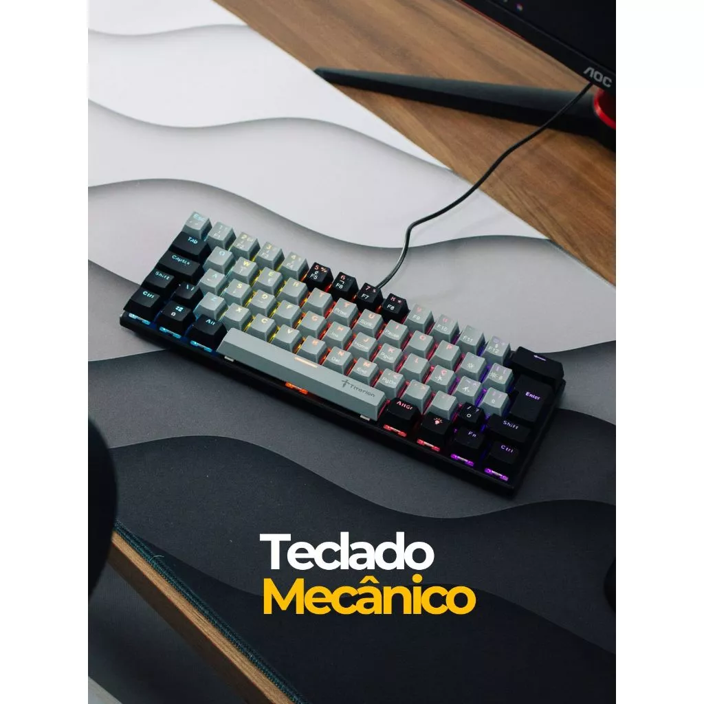 Titorion Teclado Mecânico Gamer Cinza 60% Hot Swap Switch Brown Vermelho ABNT2 USB TE002