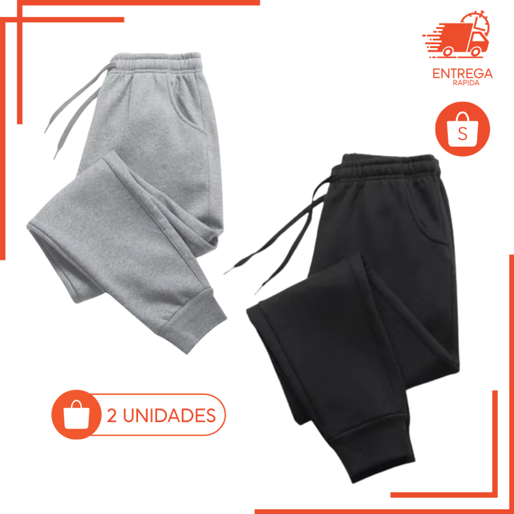 Kit 2 Calças de Moletom Masculina Peluciada Jogger Grosso P M G GG Com Elástico, Cordão, Regulagem