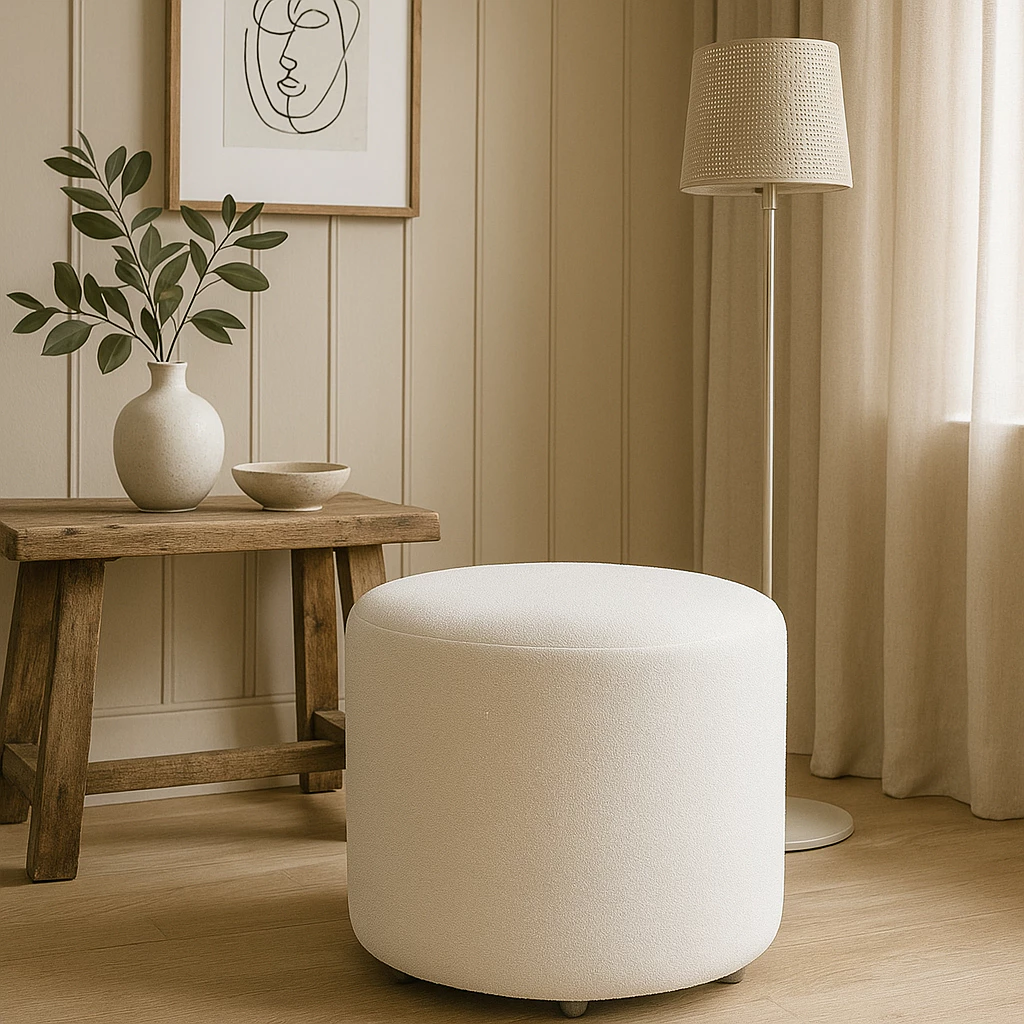 Puff Bouclé Aura Estilo Orgânico Tecido Boucle Redondo para Sala Quarto Recepção