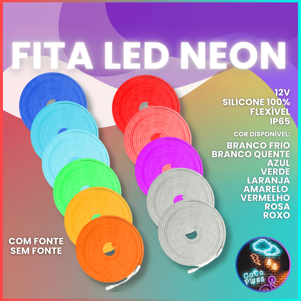 Fita de Led Mangueira Neon 5 Metros Alto Brilho Flexivel Siliconada IP65 Com Fonte