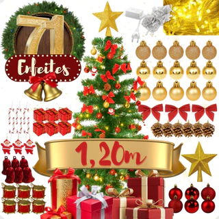 Árvore de Natal Decorada Verde 120cm Completa 71 Enfeites + Pisca