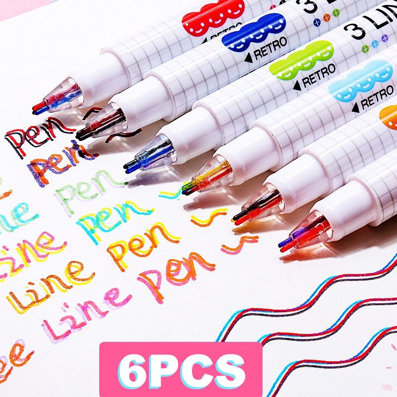 Kit 6 Canetas Double Line Duas Cores Duas Linhas Escrita Dupla ...