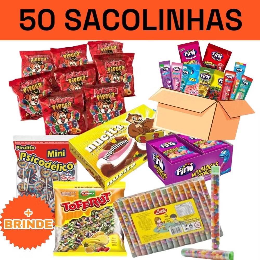 Caixa kit aniversário infantil 50 sacolinha surpresa doces guloseimas festa bala FINI NUCITA avelã pipoca