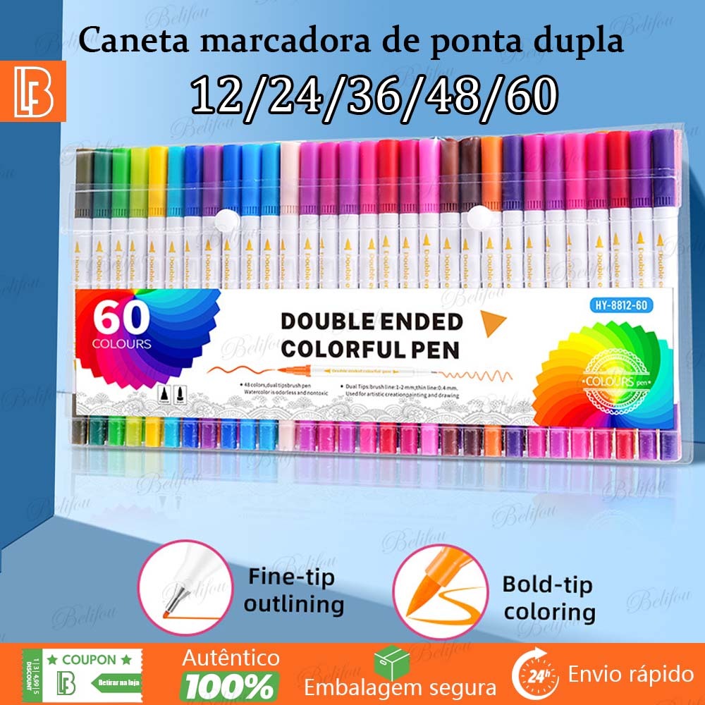 12/24/36/60 Kit Caneta 2 em 1 Brush Lettering e Ponta Fina Dual Pen Canetinha Colorir Desenho