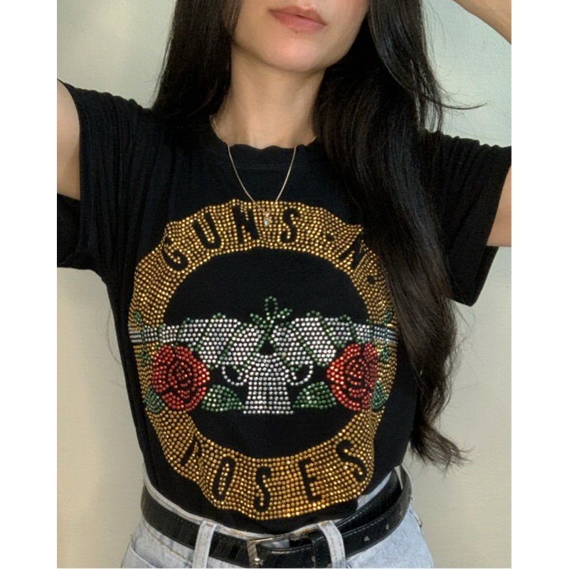 Blusa Feminina T-shirt estampa Guns N Roses em Pedraria Strass ...