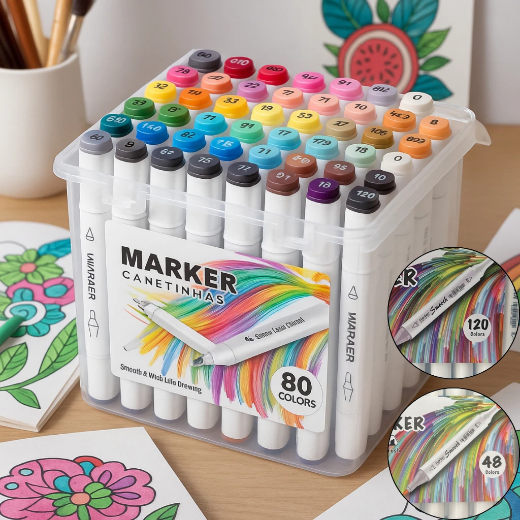 Kit 24 36 48 60 80 120 canetinhas coloridas Touch com estojo ponta