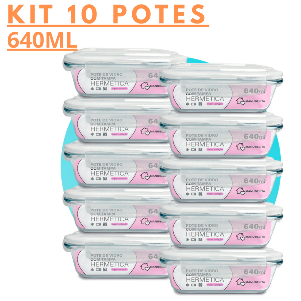 Kit 10 Potes de Vidro 640ml Hermético Marmita Fit com Tampa 4 Travas