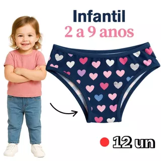 Kit 10 e 12 Calcinhas Tanga Infantil Estampadas Com Viés Colorido Delicada Confortável