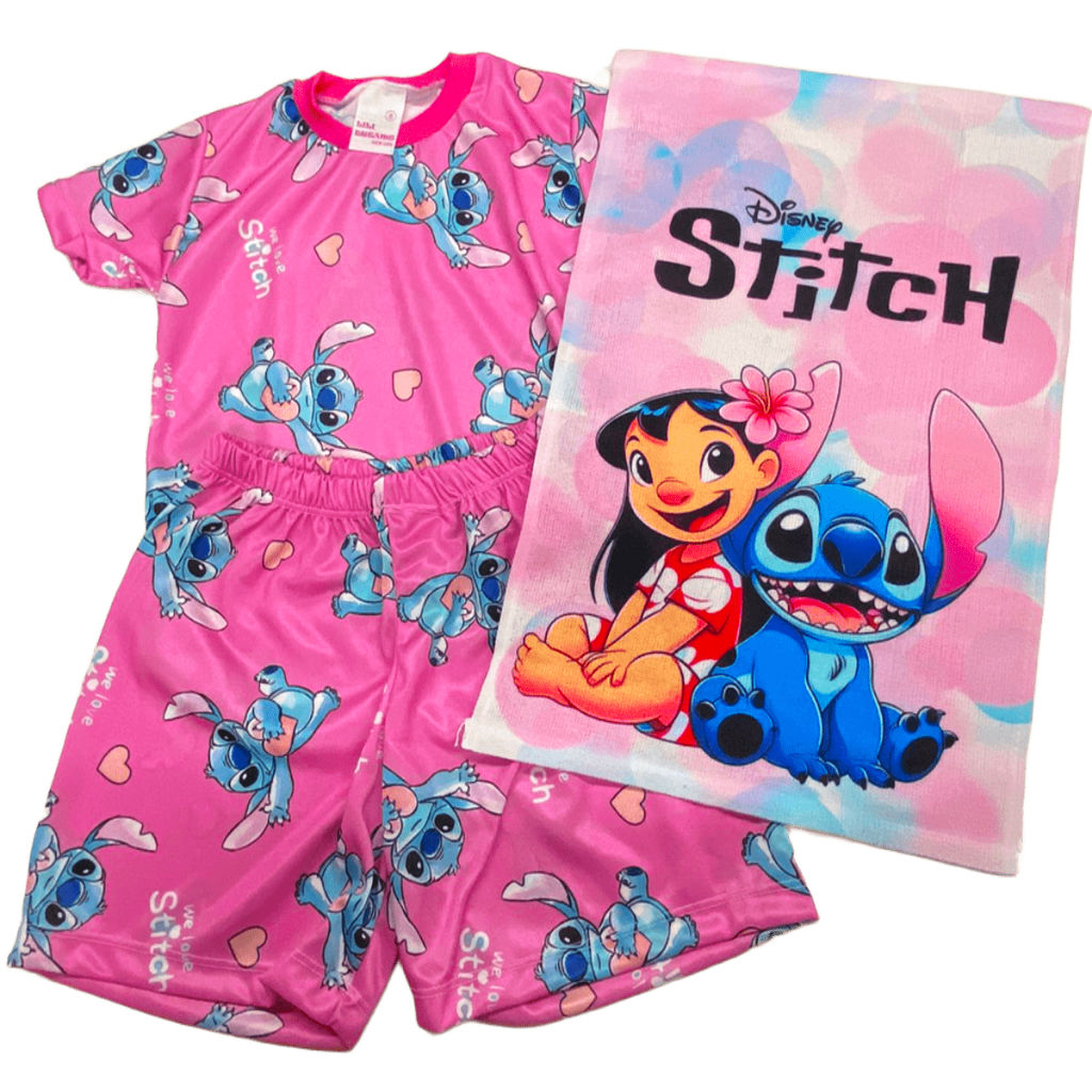 Pijama infantil STITCH ROSA Manga Curta Personagem Meia Manga em Malha em Oferta na Shopee