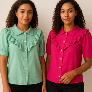 Blusa Feminina com Babado e Botões – Manga Curta, Estilo Elegante e Casual