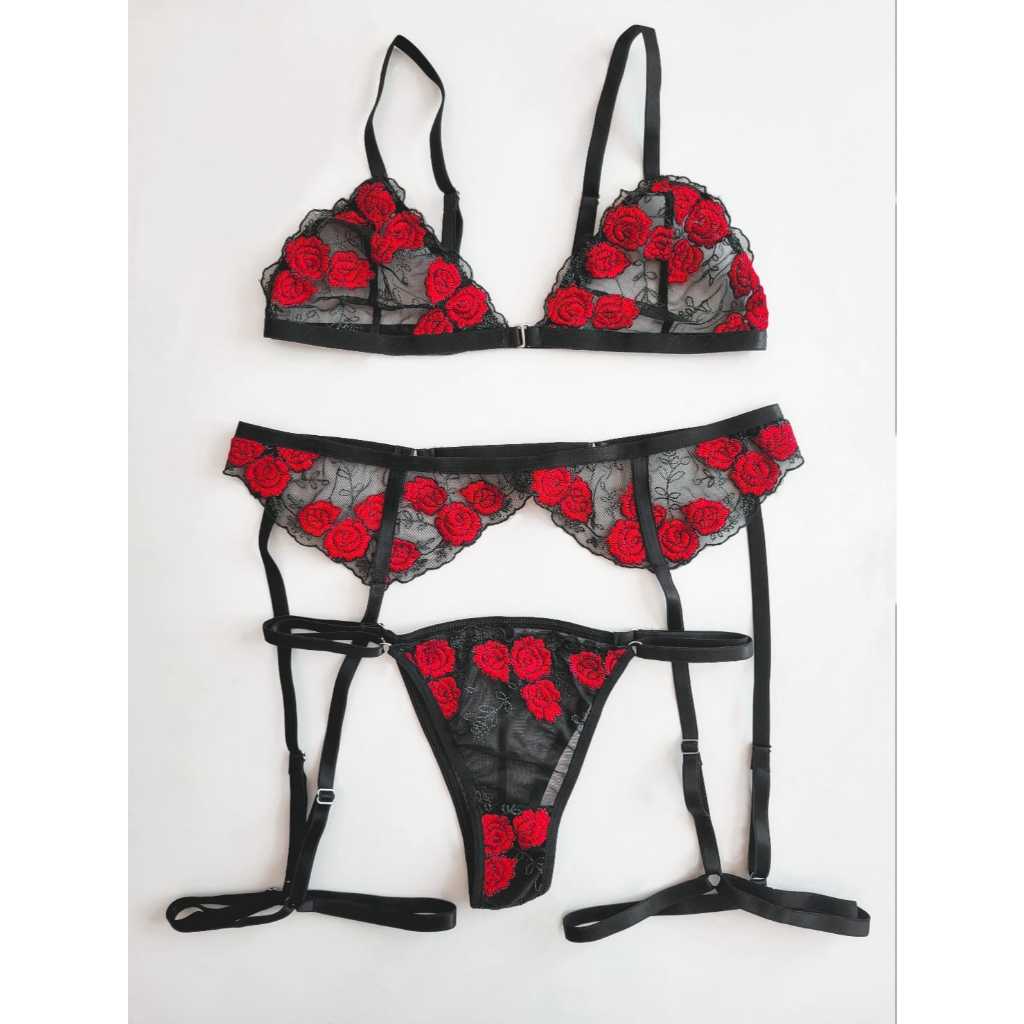 Conjunto de lingerie bordado | Kit completo - sutiã, calcinha e cinta ...