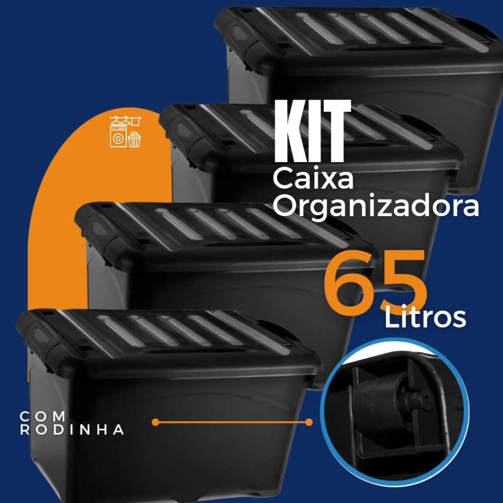 Kit 04 Caixas Organizadoras com Tampa 65 Litros Resistente Multiuso